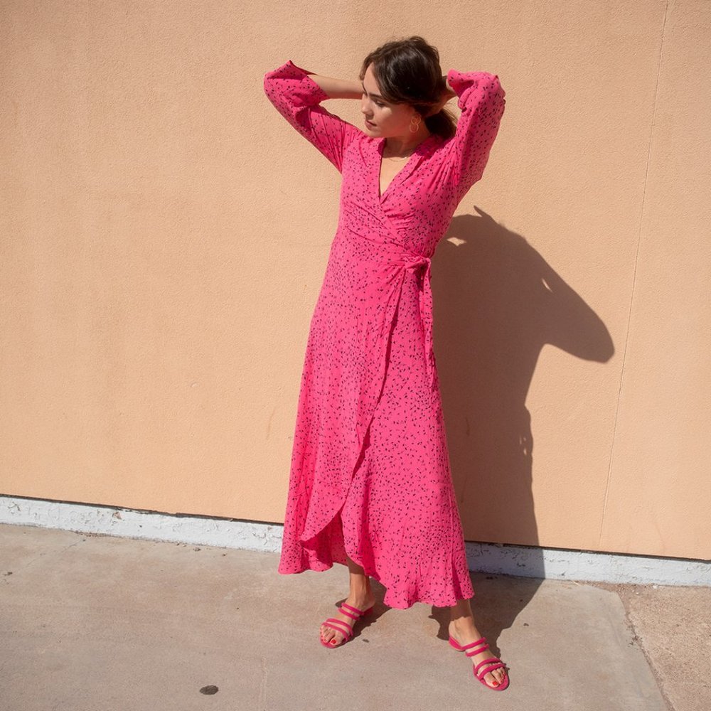 GANNI Pink Floral Crepe Wrap Maxi Dress - Picture 2 of 11